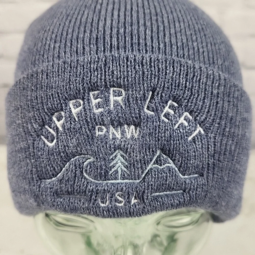 Upper Left PNW Pacific Northwest Oregon Blue Knit Beanie Hat Cap